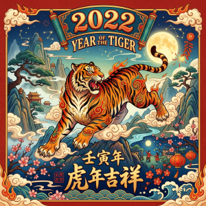 Illustration of a majestic tiger with decorative patterns jumping over mountains with cherry blossoms and lanterns under a moonlit sky