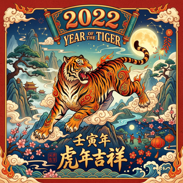 Illustration of a majestic tiger with decorative patterns jumping over mountains with cherry blossoms and lanterns under a moonlit sky
