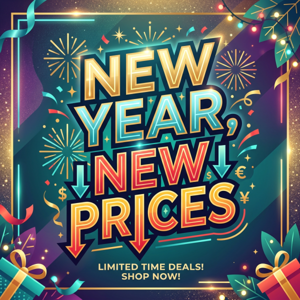 New Year, New Prices announcement with downward arrows and festive decorations