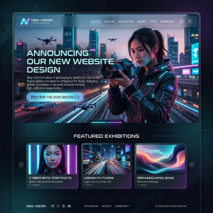 Website homepage featuring a female photographer with a camera, drones, and cityscape at night
